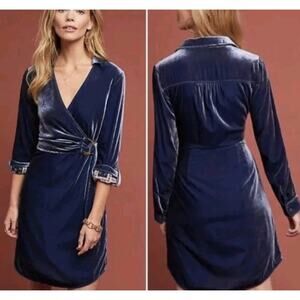Anthropologie Maeve Dress Womens 8 Blue Velvet Wrap Deep V-Neck Long Sleeve Boho
